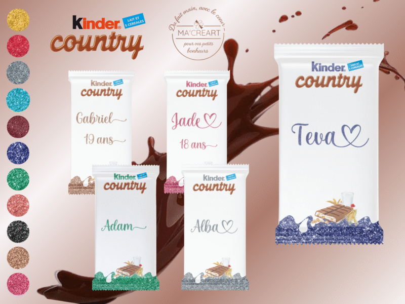 Kinder Country personnalisé avec prénoms et décor pailleté – emballages faits main Ma’Créart