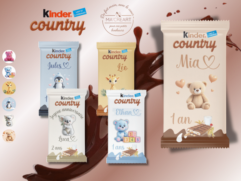 Kinder Country personnalisés avec thèmes animaux : ourson rose, ourson bleu, girafe safari, pingouin polaire, koala et ourson beige... – exemples Ma’Créart
