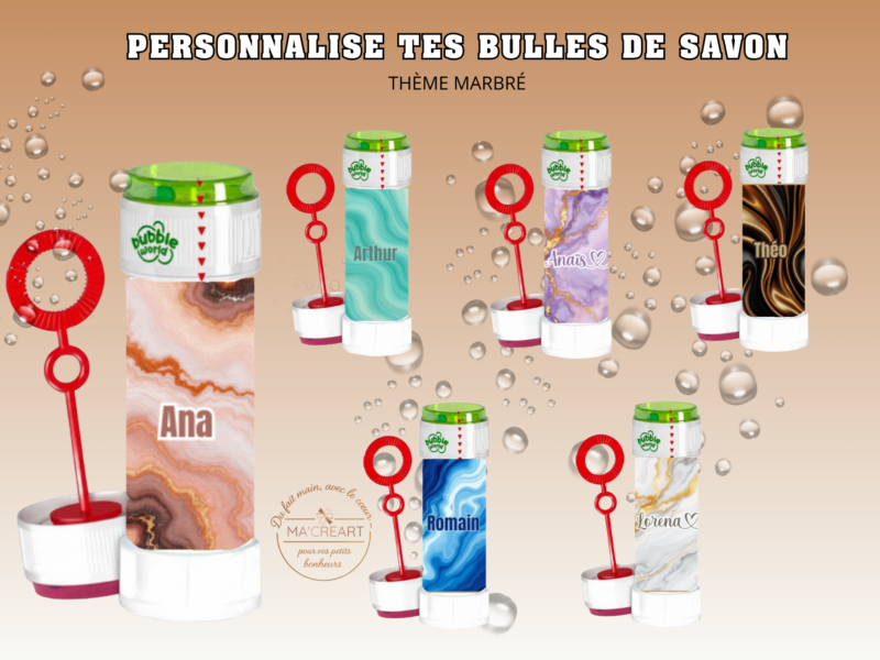 Bulles de savon personnalisées avec prénoms, habillages marbrés aux tons rose, bleu, vert, violet et noir.