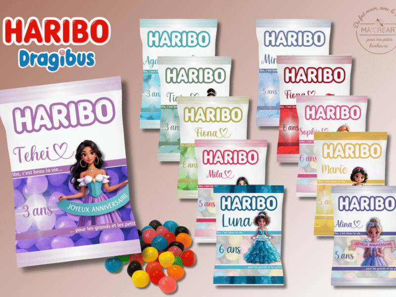 Sachets Haribo Dragibus personnalisés, collection de princesses inspirées – exemples d’inspiration
