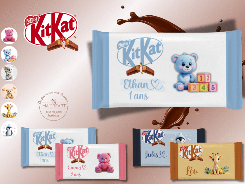 Kit Kat personnalisés univers enfant avec prénoms, âges et thèmes animaux mignons – exemple Ma’Créart