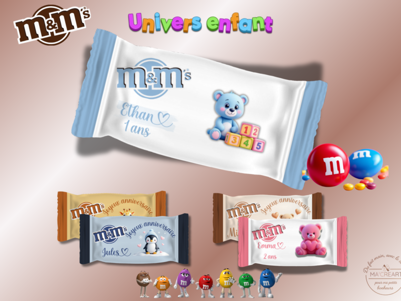 Collection M&Ms personnalisés pour enfants avec prénoms, âges et thèmes animaux mignons – Ma’Créart