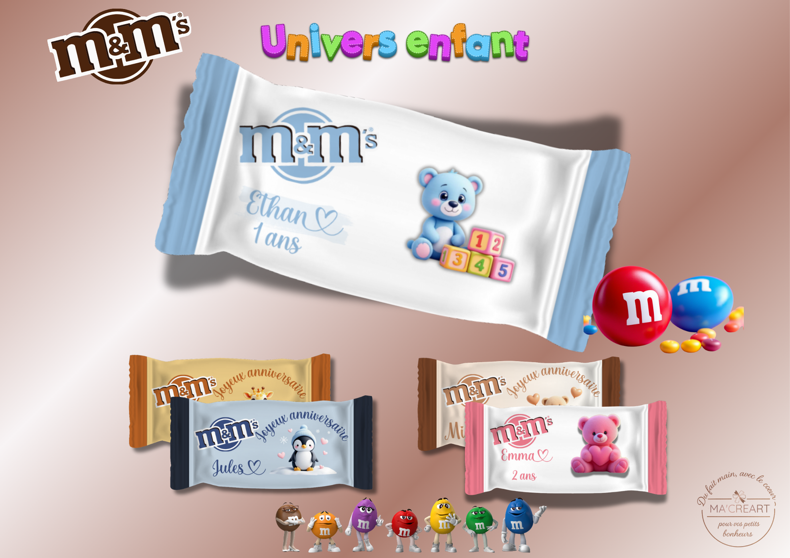 Collection M&Ms personnalisés pour enfants avec prénoms, âges et thèmes animaux mignons – Ma’Créart