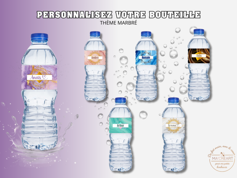 Ensemble de petites bouteilles d’eau personnalisées avec différents habillages marbrés : rose, bleu saphir, noir & or, cuivré, blanc & or, vert émeraude et violet améthyste.