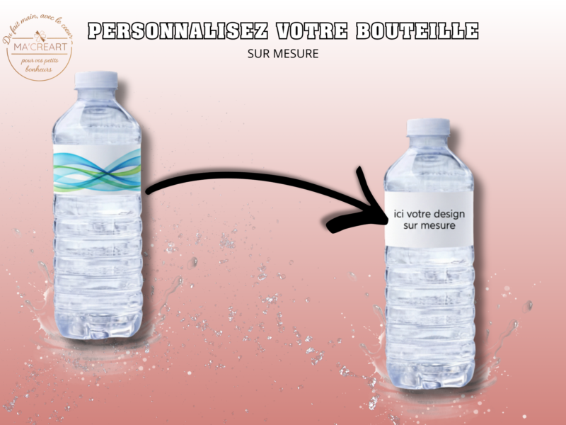 Exemple de bouteille d’eau personnalisée Ma’Créart avec étiquette sur mesure – visuel illustratif de personnalisation