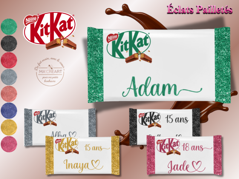 Collection Kit Kat personnalisés pailletés avec prénoms – exemples Ma’Créart
