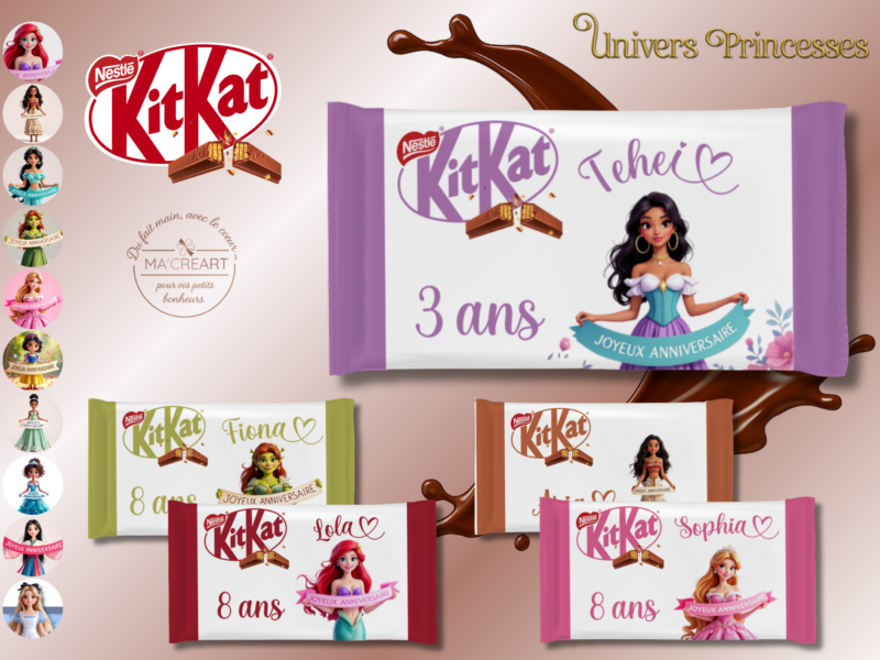 Vue d’ensemble de Kit Kat personnalisés thème univers princesses, avec différents styles inspirés de contes féeriques, prénoms et âges personnalisés.