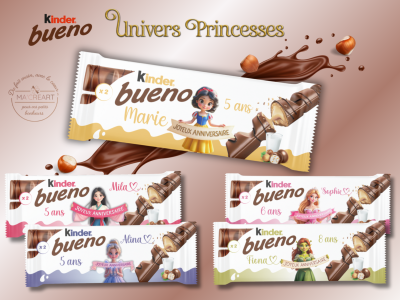 Vue d’ensemble de Kinder Bueno personnalisés thème univers princesses, avec différents styles inspirés de contes féeriques, prénoms et âges personnalisés.