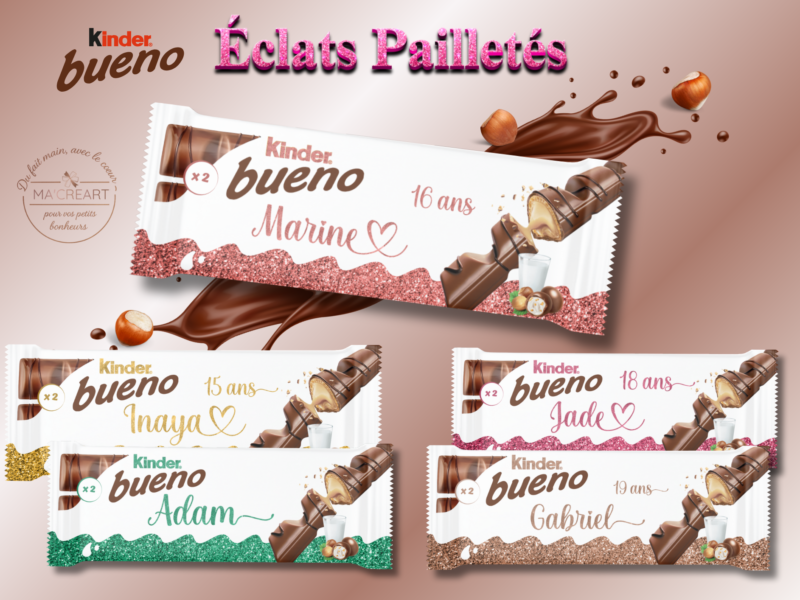 Vue d’ensemble de Kinder Bueno personnalisés au style pailleté avec différents coloris scintillants et prénoms personnalisés.