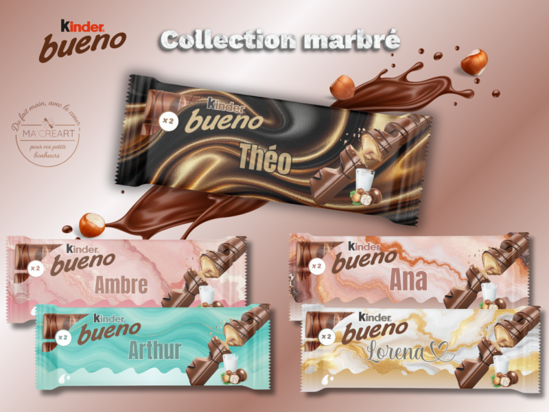 Kinder Bueno personnalisés avec habillages marbrés élégants, aux nuances douces et raffinées.