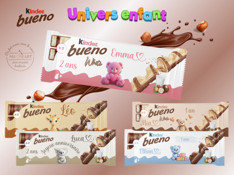 Vue d’ensemble de Kinder Bueno personnalisés – univers enfant, avec prénoms, âges et illustrations ludiques pour enfants.