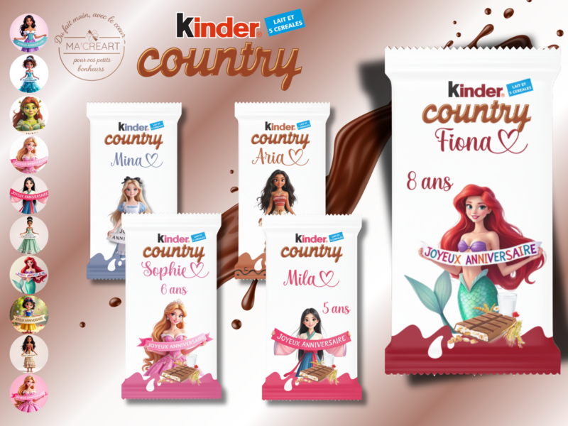 Vue d’ensemble de Kinder Country personnalisés thème univers princesses, avec différents styles inspirés de contes féeriques, prénoms et âges personnalisés.