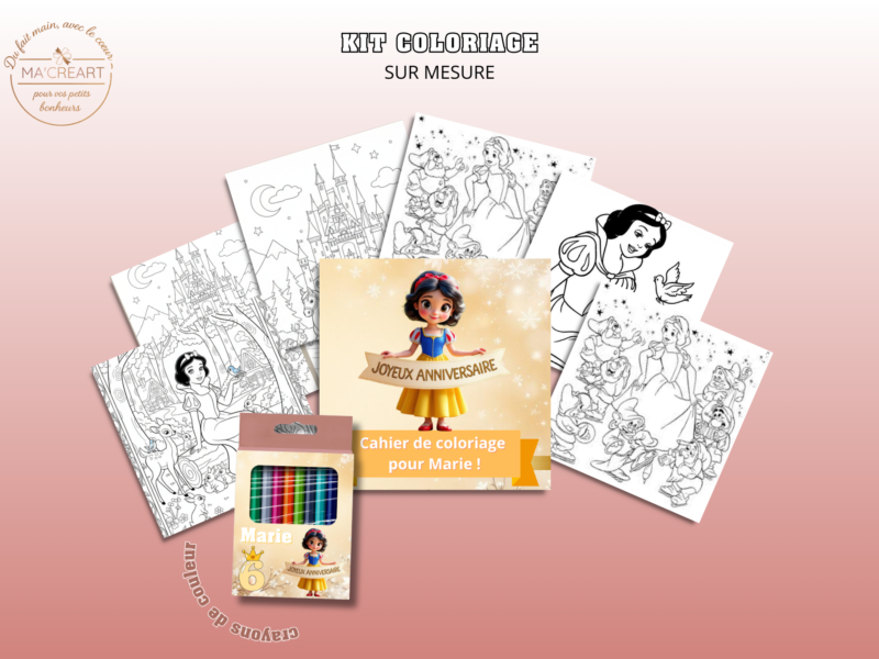 Exemple de kit de coloriage personnalisé Ma’Créart comprenant une boîte de crayons de couleur et un livret de coloriage sur mesure