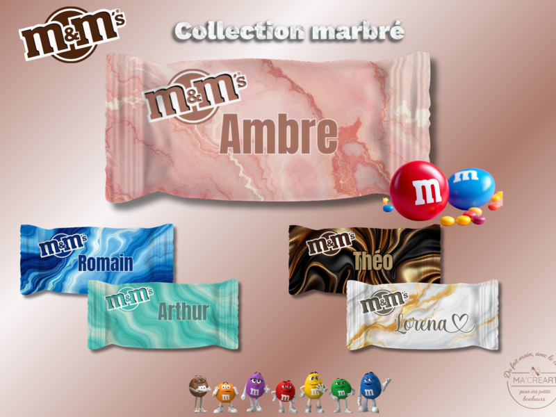 Exemple d’emballage m&ms thème marbré – signé Ma’Créart