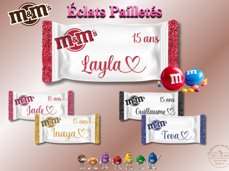Collection m&ms personnalisés pailletés avec prénoms – exemples Ma’Créart