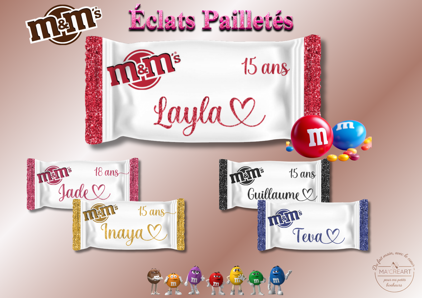 Collection m&ms personnalisés pailletés avec prénoms – exemples Ma’Créart
