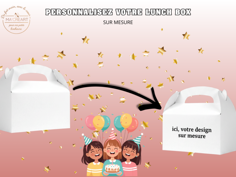 Lunch box personnalisable sur mesure pour anniversaire enfant, boîte cadeau personnalisée avec prénom et thème au choix