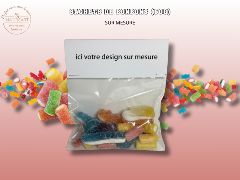 Sachet de bonbons 50g personnalisable sur mesure pour anniversaire ou événement, avec habillage personnalisé