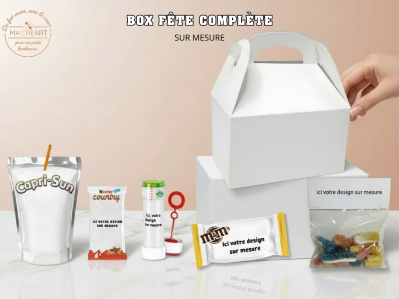 Box Fête Complète personnalisable sur mesure comprenant boisson, gourmandises variées, bulles et sachet de bonbons, présentée dans une boîte type lunch box prête à accueillir un design personnalisé.