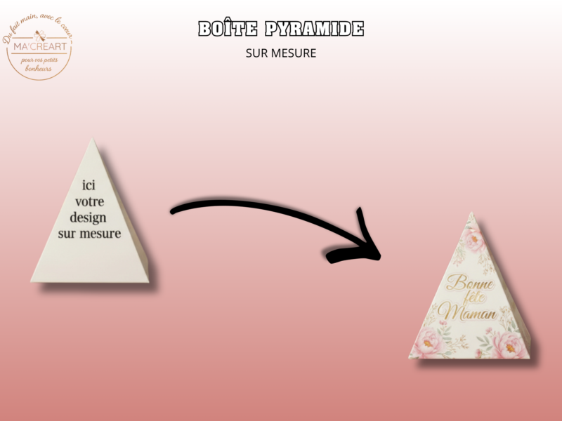 Boîte pyramide personnalisable sur mesure, version neutre et version florale élégante avec inscription “Bonne fête Maman”, destinée aux événements et cadeaux personnalisés.