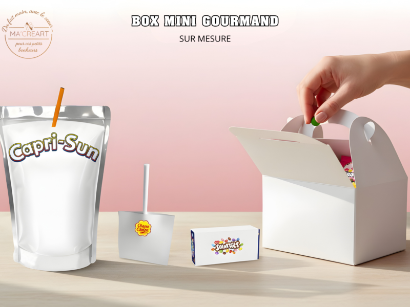 Box mini gourmand personnalisable sur mesure avec Capri-Sun, sucette et boîte de bonbons, présentée dans une boîte type lunch box prête à accueillir un design personnalisé.
