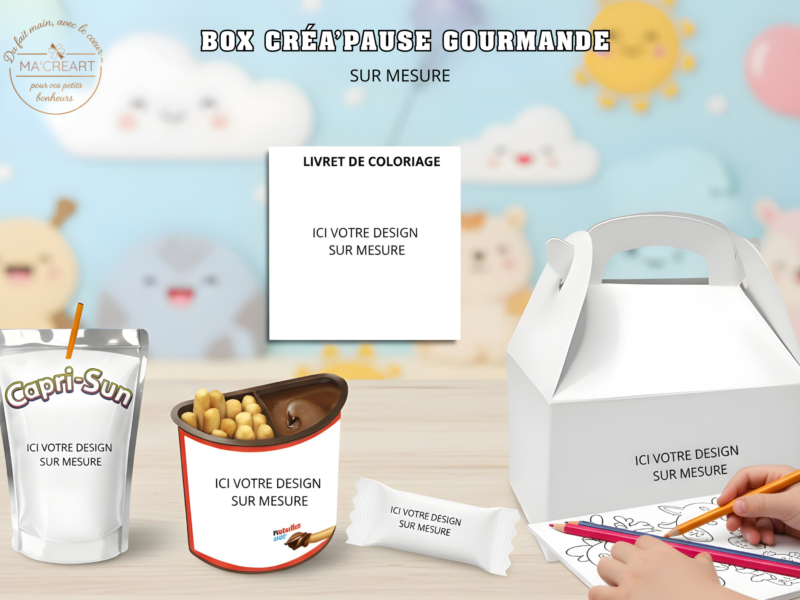 Box Créa’Pause Gourmande personnalisable sur mesure comprenant livret de coloriage, boisson, gourmandise et boîte type lunch box prête à accueillir un design personnalisé.