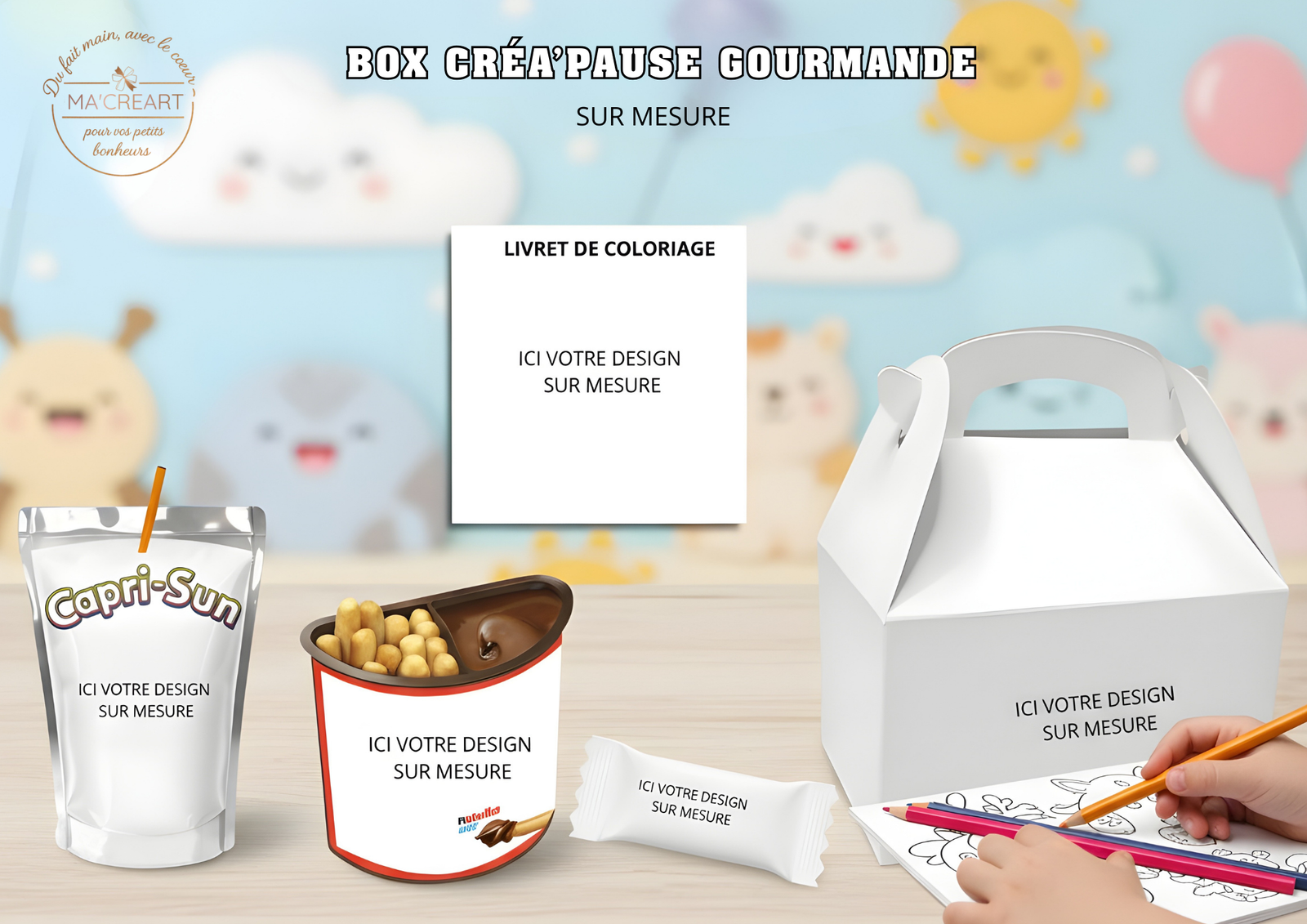 Box Créa’Pause Gourmande personnalisable sur mesure comprenant livret de coloriage, boisson, gourmandise et boîte type lunch box prête à accueillir un design personnalisé.