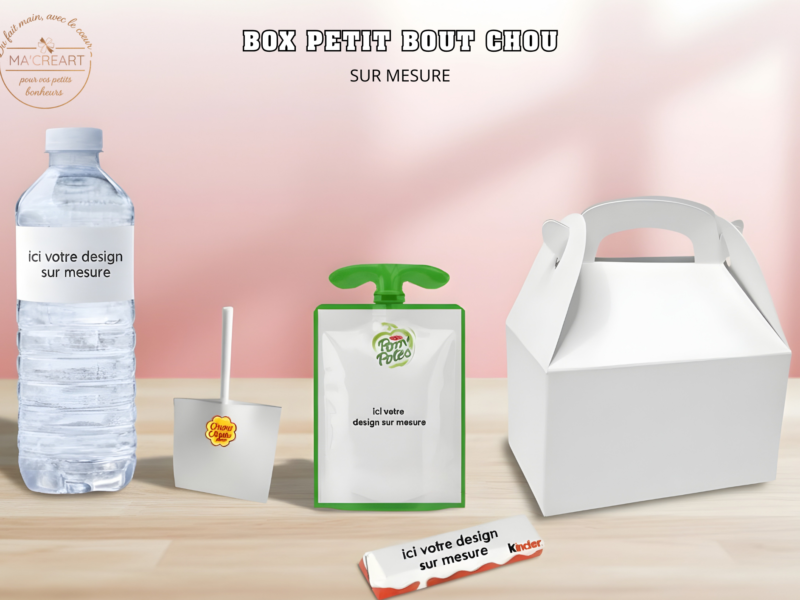 Box Petit Bout Chou personnalisable sur mesure comprenant bouteille d’eau, compote, sucette et barre kinder, présentée dans une boîte type lunch box prête à accueillir un design personnalisé.