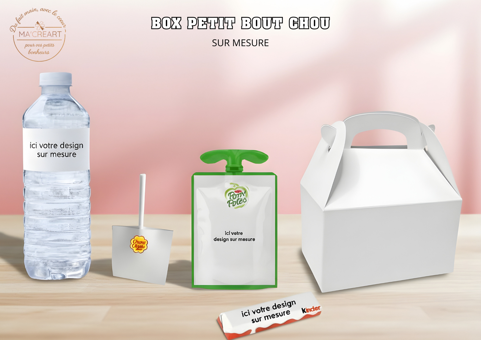 Box Petit Bout Chou personnalisable sur mesure comprenant bouteille d’eau, compote, sucette et barre kinder, présentée dans une boîte type lunch box prête à accueillir un design personnalisé.