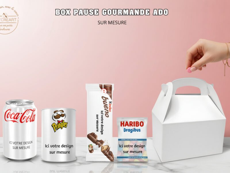 Box Pause Gourmande Ado personnalisable sur mesure comprenant boisson, snack salé, chocolat et bonbons, présentée dans une boîte type lunch box prête à accueillir un design personnalisé.