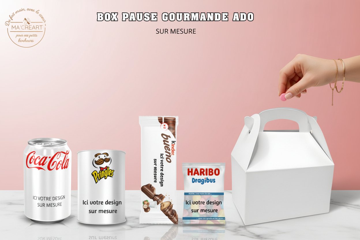 Box Pause Gourmande Ado personnalisable sur mesure comprenant boisson, snack salé, chocolat et bonbons, présentée dans une boîte type lunch box prête à accueillir un design personnalisé.