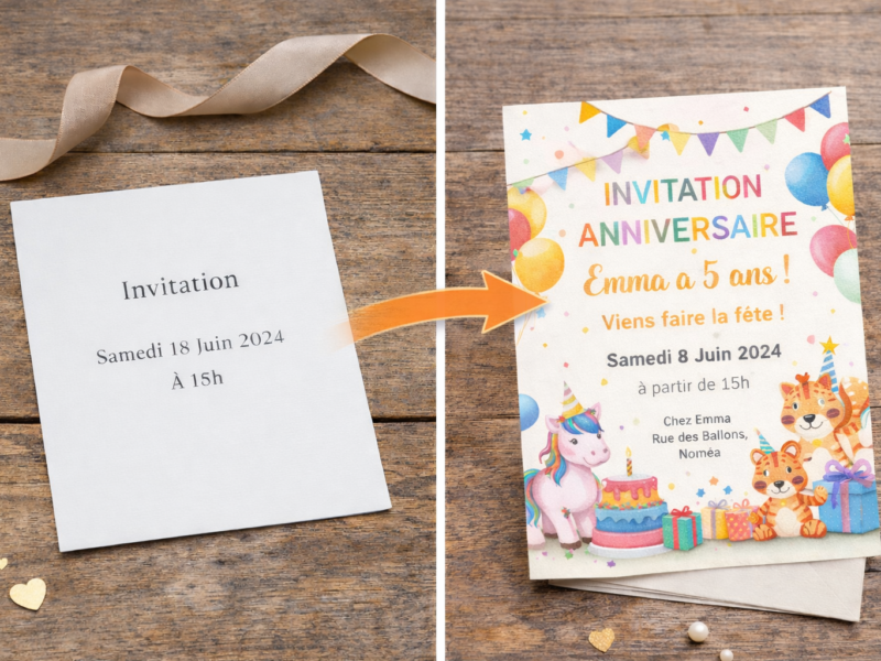Exemple de carte d’invitation anniversaire enfant personnalisée avant et après transformation