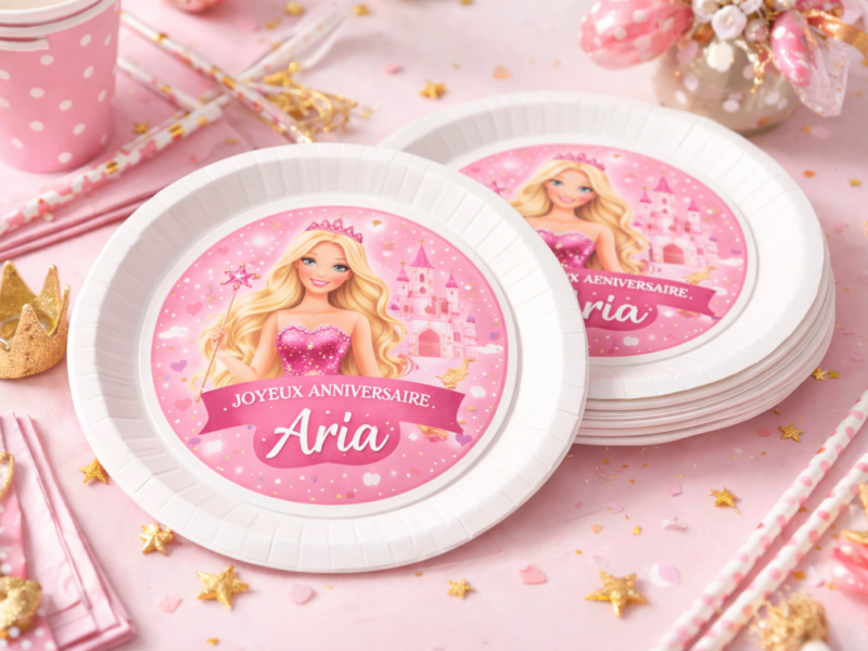 Assiette en carton personnalisée pour anniversaire enfant avec sticker rond personnalisé