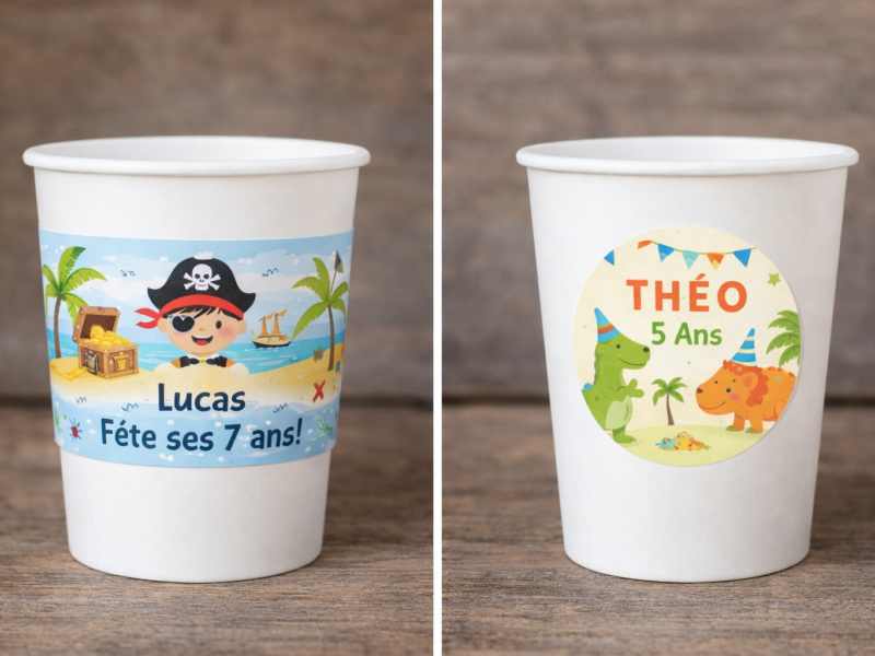Gobelets personnalisés anniversaire enfant avec étiquette autour et sticker rond personnalisé