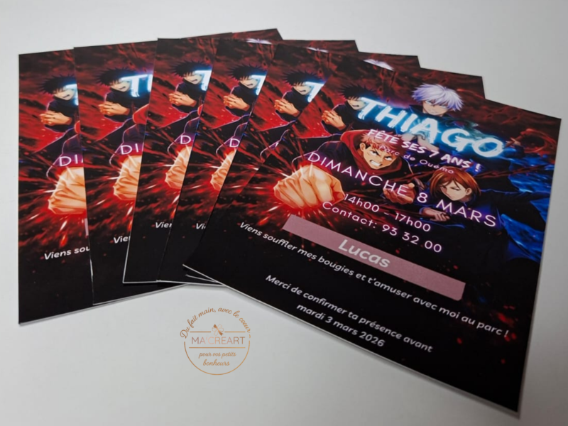 Cartes d’invitation anniversaire enfant personnalisées thème manga avec prénom et informations de fête