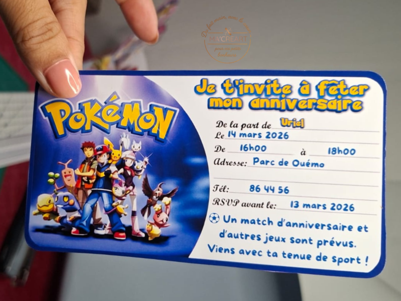 Carte d’invitation anniversaire enfant personnalisée thème Pokémon avec prénom et détails de fête